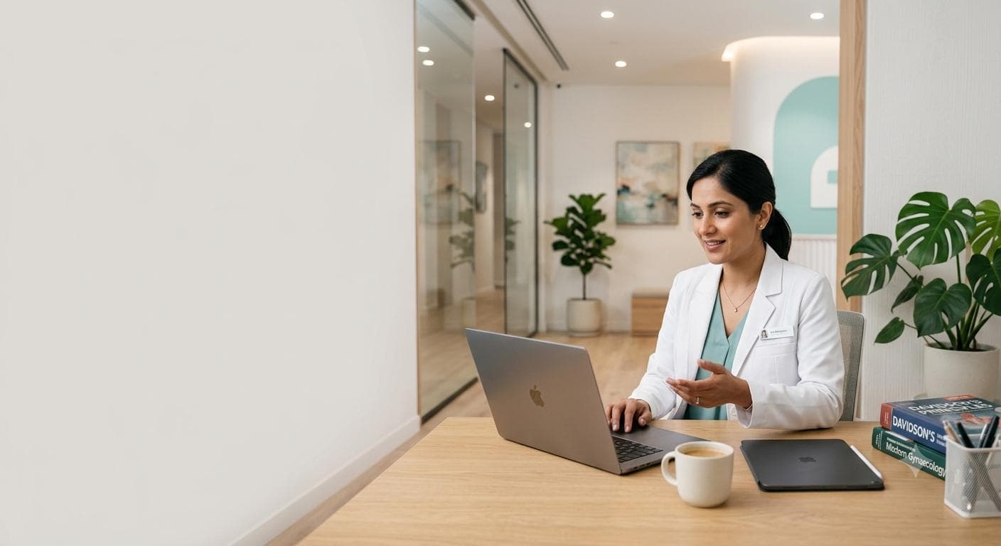 A verified doctor consulting from her clinic